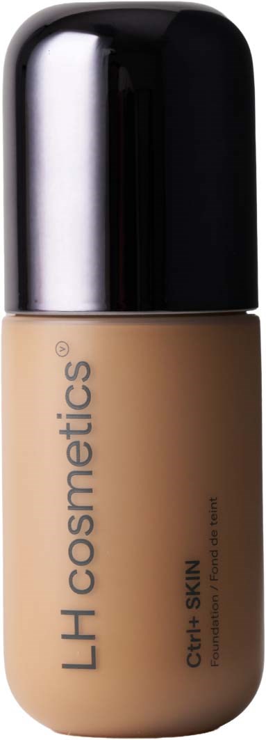 En flydende foundationflaske med beige væske og sort låg fra LH Cosmetics til lys hud.