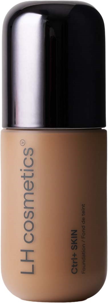 En flaske med flydende foundation med sort låg og beige bund, mærket LH Cosmetics True Skin.