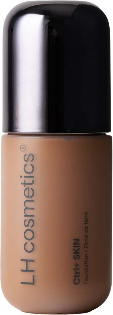 Flaske med foundations med sort låg og beige etikette, viser mærket LH cosmetics og egnet til fedtet hud.