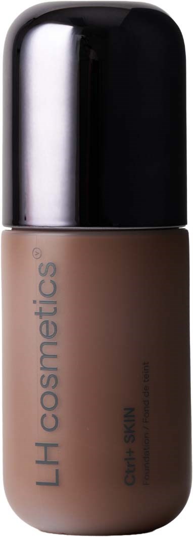 En brun flaske med sort låg, mærket LH cosmetics, til ansigtshud med minimalistisk design.