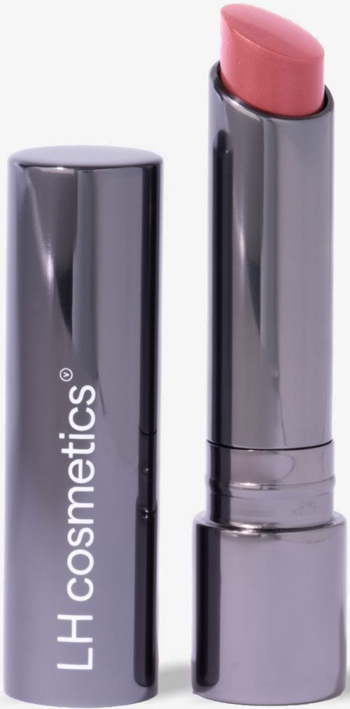 Róż lipstick w błyszczącym srebrnym etui z napisem "LH cosmetics".