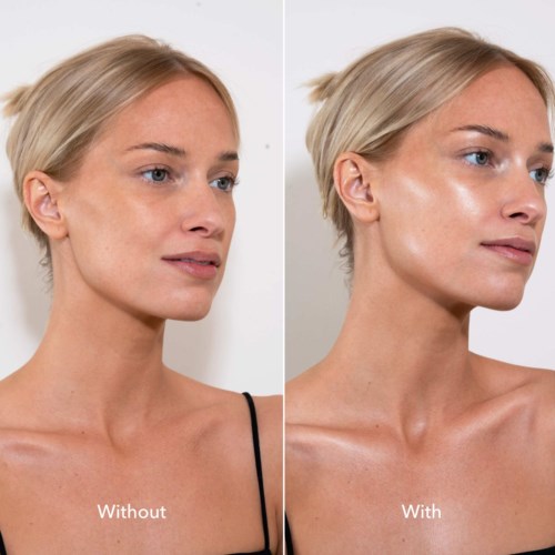 Zij-aan-zij foto's tonen een vrouw met minder make-up links en glanzende, stralende huid rechts.