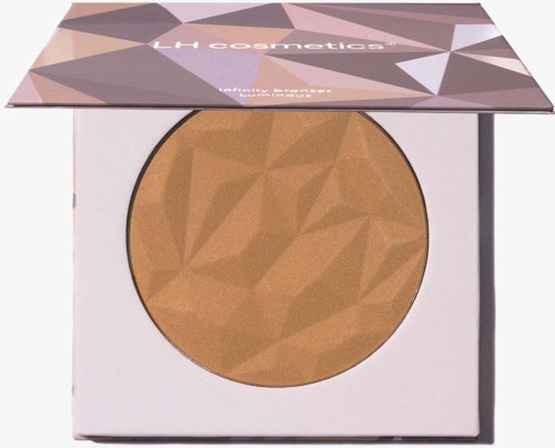 En makeup-kompakt med en brun, geometrisk-mønstret highlighter i en hvid æske. Låget har et pastel, geometrisk design og mærkenavnet "L.H cosmetics."