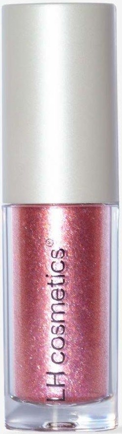 A bottle of pinkish, shimmery nail polish with a white cap from LH Cosmetics.