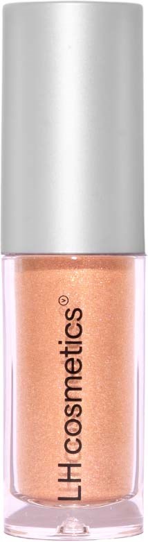 En liten flaska med aprikosfärgad nagellack och en silverlock, märkt 'LHcosmetics' på framsidan.