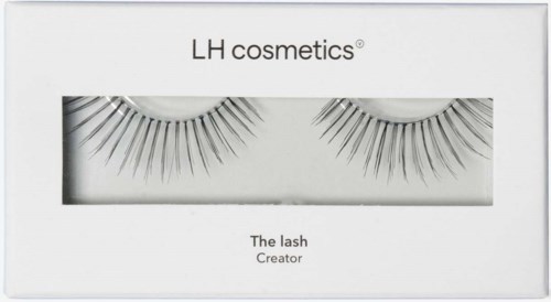 Pudełko sztucznych rzęs oznaczone 'The lash Creator' od LH cosmetics, prosty czarno-biały design.