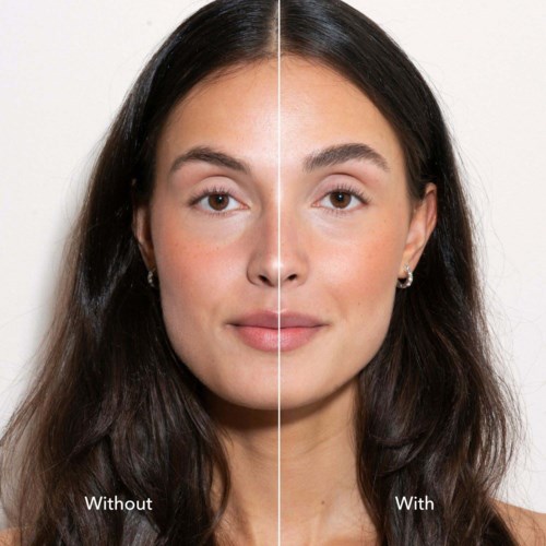 Side-by-side comparison shows a woman's face without and with makeup, highlighting differences in skin and features.