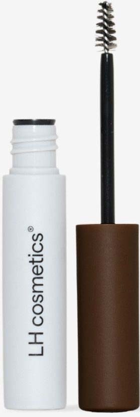 A white tube with a black and white brush applicator for eyebrow makeup, labeled "LH cosmetics."