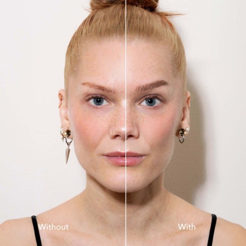 A woman with clear skin, shown in a split image: one side without makeup, the other with makeup applied.