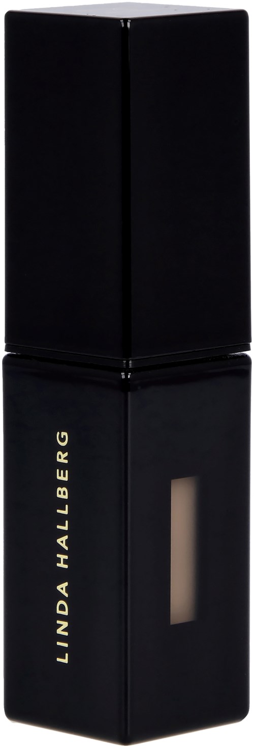 Eine schwarze rechteckige Flasche mit goldener Beschriftung 'Linda Hallberg' und einer kleinen transparenten Fensteröffnung.