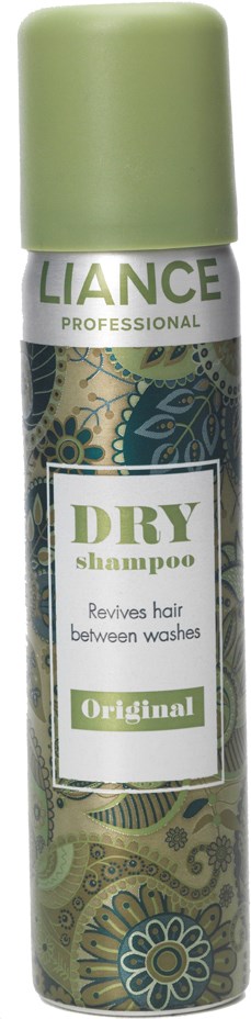 En burk torrschampo med grönt lock, etiketten säger 'Liance Professional Dry Shampoo Original'.