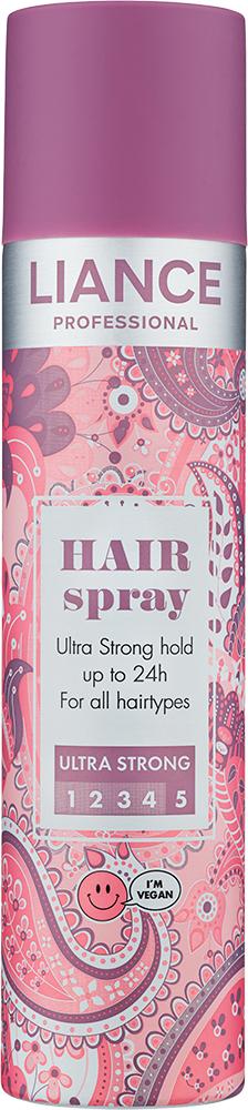 Pink og lilla spraydåse, mærket som Liance hårspray, siger den har stærk hold for op til 24 timer, med dekorativt design.