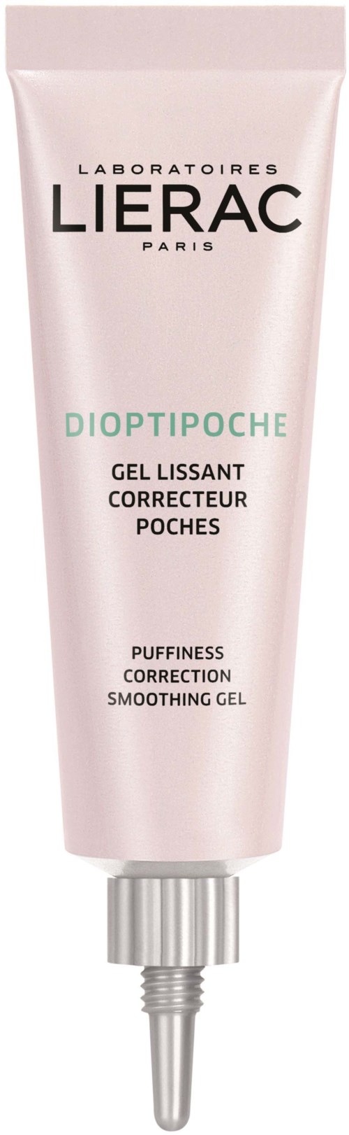 Lierac Dioptipoe smoothing gel in a pink tube for dark circles and puffiness. Brand name and product details on front.
