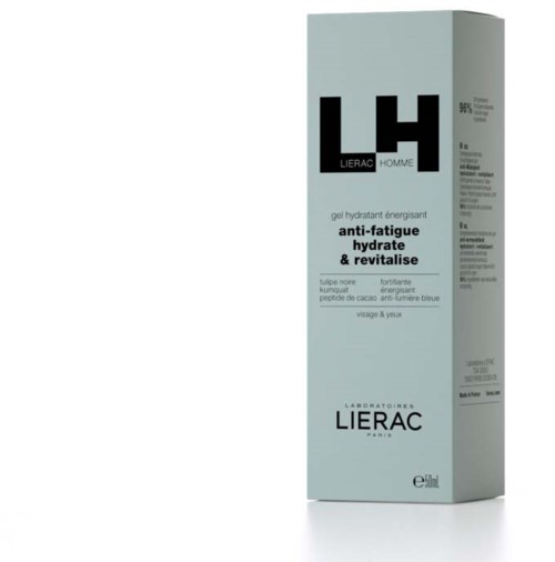 En lång vit förpackning för Lierac Homme anti-fatigue energigel med blåa detaljer och text.