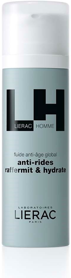 A cylindrical bottle of LIERAC Homme anti-aging gel, labeled for anti-rides, firming, and hydration.