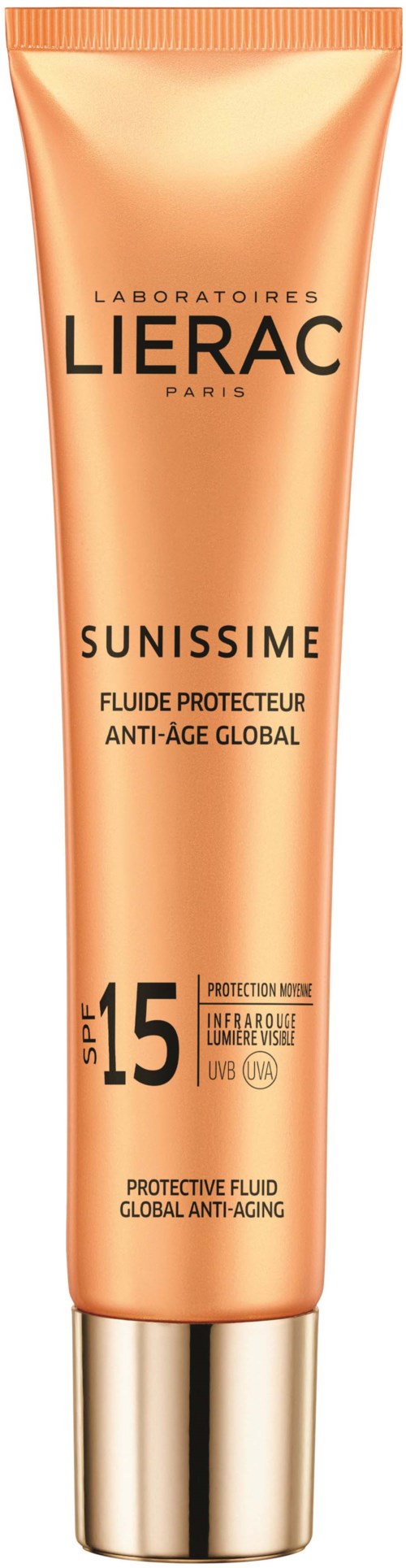 A tube of Lierac Sunissime anti-aging sunscreen with SPF 15, designed for skin protection and anti-aging.