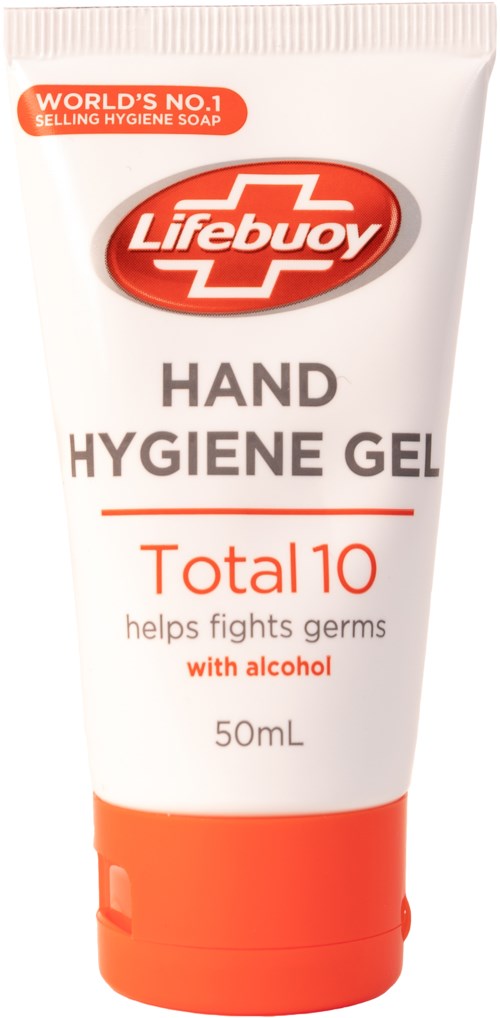 Handdesinfektionsgel i tub av vitt och rött, märkt för handhygien, innehåller alkohol, kapacitet 50 mL.