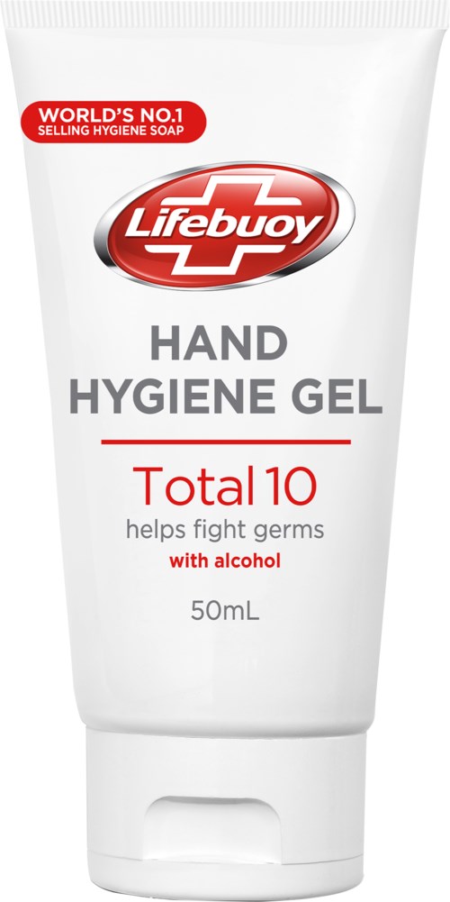 A white tube with red, black, and gray label, showing Lifebuoy brand, hand hygiene gel, and alcohol content.