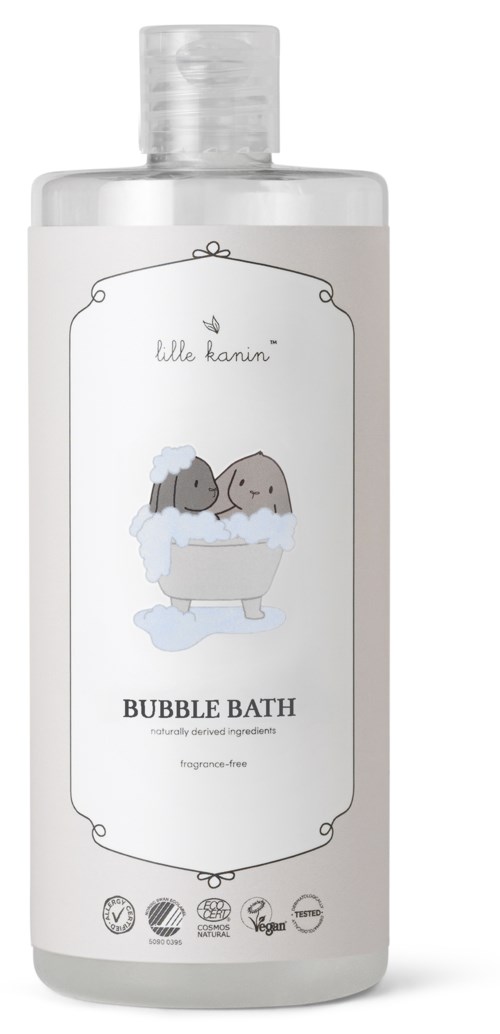 Selkeä pullo vaahtokylpyä, jossa on söpö kuva kahdesta eläimestä kylvyssä, nimeltä "Bubble Bath".