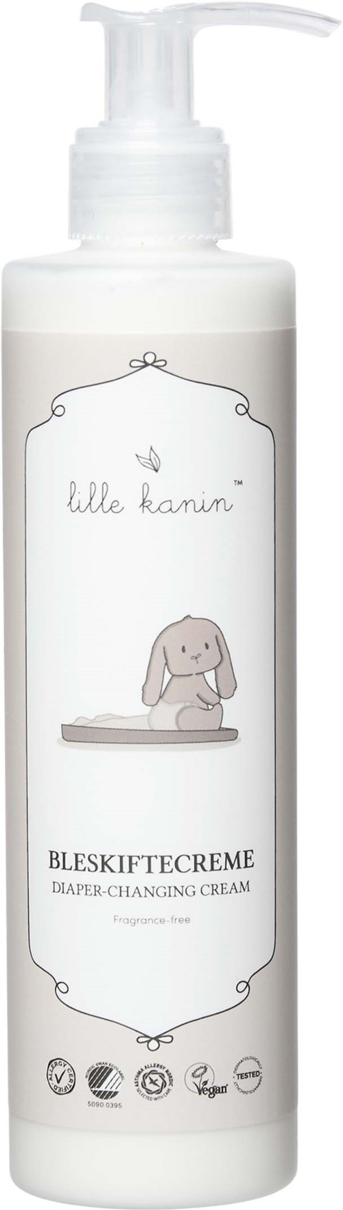 A white bottle with a pump, labeled 'Lille Kanin,' shows a cute bunny and says it is a diaper-changing cream.