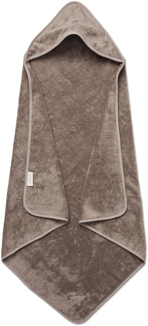 A soft, beige hooded towel with a large hood and a rectangular shape.