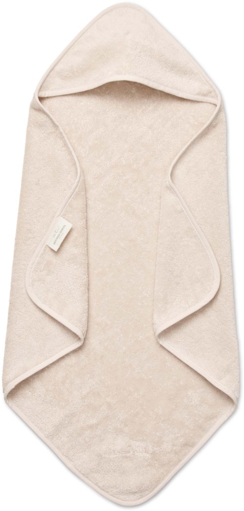 Ett mjukt, beige badlakan med huva och hängande sidor, till för små barn eller bebisar.