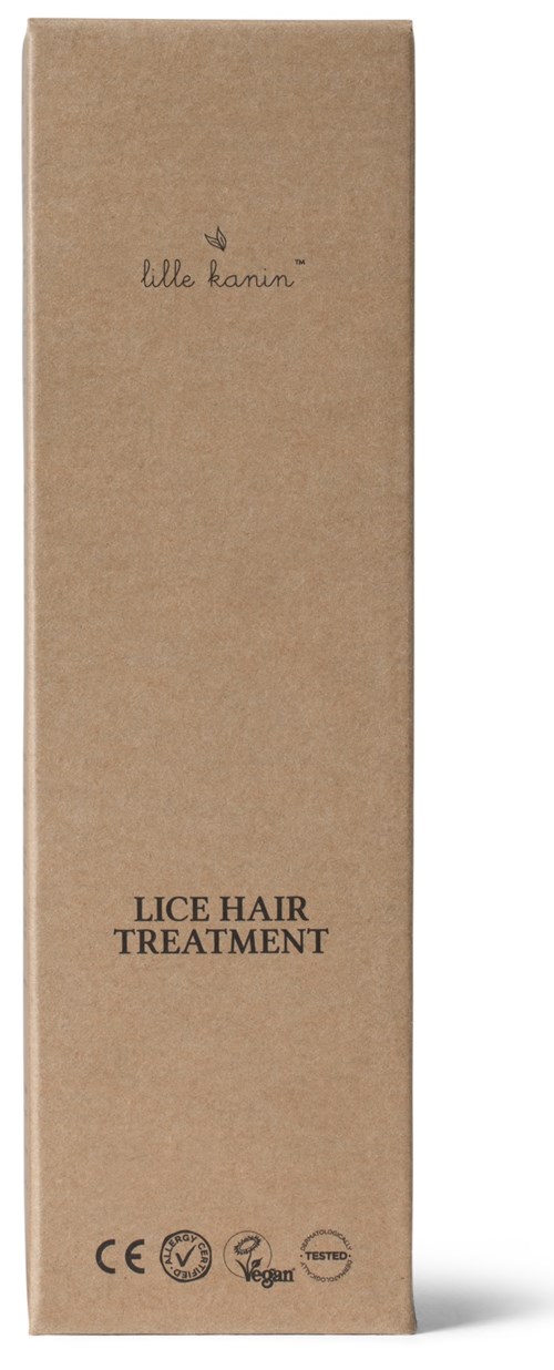 En høy, beige eske merket 'Lice Hair Treatment' med symboler og litt tekst nederst.