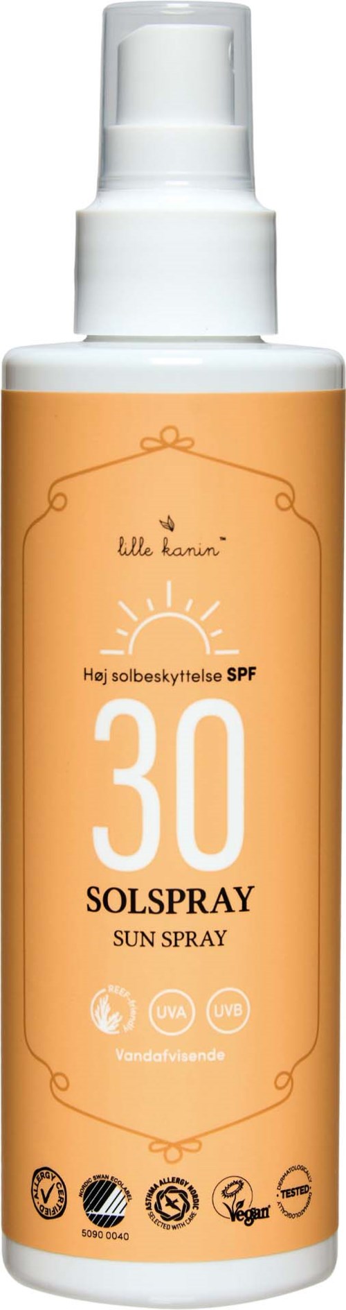 Aurinkosuojasumuteipullo, SPF 30, oranssi ja valkoinen, sisältää symboleita ja tekstiä.