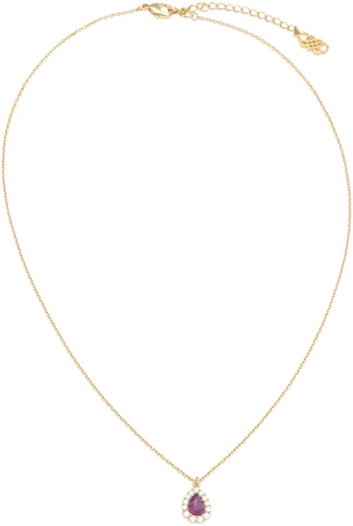 A gold necklace with a purple gemstone pendant and a chain adjustable at the top.
