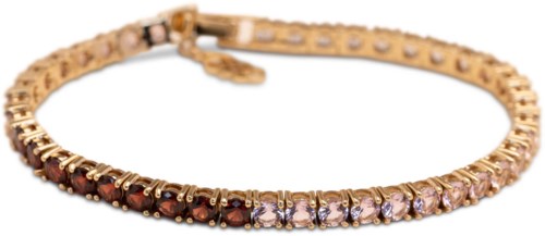 Gouden armband met roze en bruine edelstenen en sluiting.