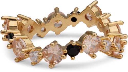 Goldring mit klaren und schwarzen kleinen Edelsteinen, im zahnradähnlichen Design.