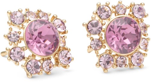 Gold earrings with large pink stones and smaller purple stones around them.