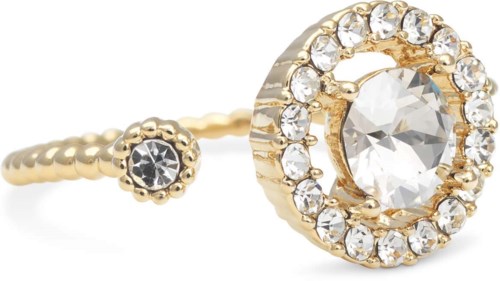 A gold ring with a large central clear stone surrounded by smaller stones, featuring a textured band design.