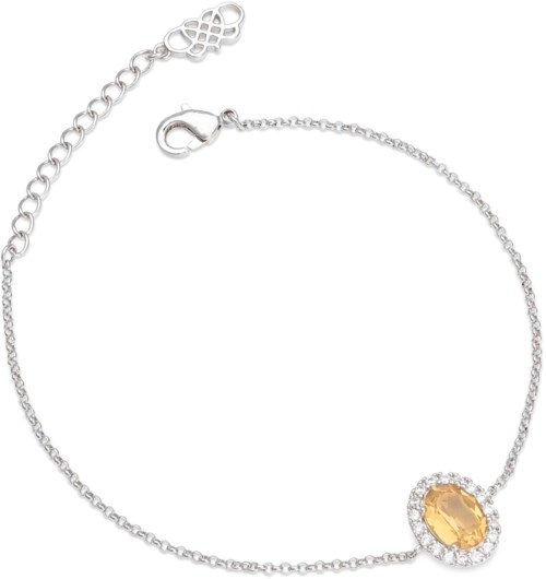A silver bracelet with a yellow gemstone surrounded by small clear stones and a chain clasp.