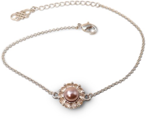 Elegante zilveren ketting met een centrale roze parel omgeven door kleine heldere stenen.