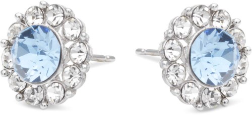 Silver earrings with large blue stones surrounded by small clear ones. They are round and shiny.