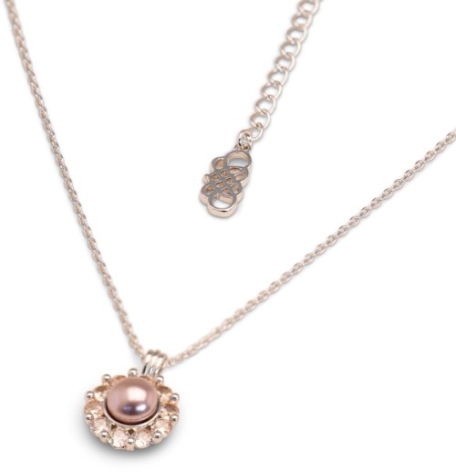 Zilveren ketting met een roze parelhangertje en een extra ketting met logo bedel.