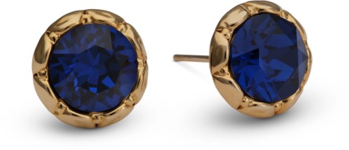 Gouden oorbellen met grote, diepe blauwe edelstenen in het midden, ronde vorm, eenvoudig en elegant ontwerp.