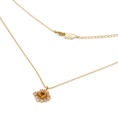 Gouden ketting met een kroonvormige hanger en duidelijke stenen. De ketting is dun en delicaat.