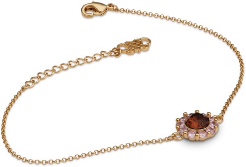 Goldarmband mit dunkelrotem Edelstein und rosa Steinen in Blumenform.