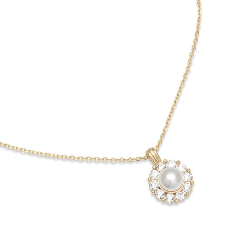 A gold chain necklace with a pearl and small diamonds around it.