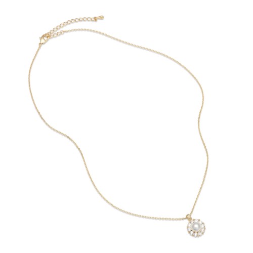 A gold chain necklace with a pearl pendant and small surrounding stones. Simple and elegant design.