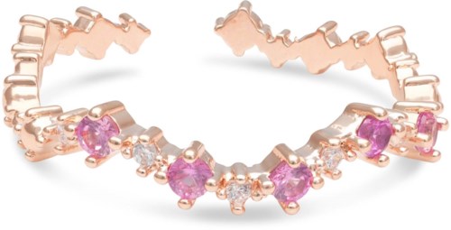 A gold-colored bracelet with pink and clear gemstones, irregular shape design, and shiny finish.