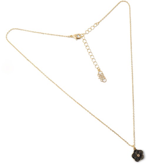 Goudkleurige ketting met zwarte bloemhanger. Verstelbare lengte met verlengketting.