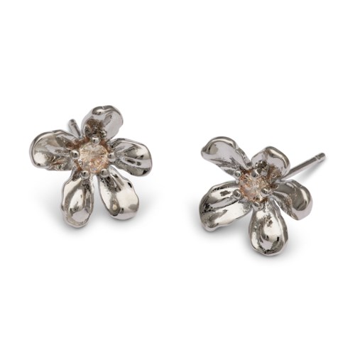 Silver flower-shaped earrings with clear stones in the center. Sparkly and elegant jewelry for the ears.