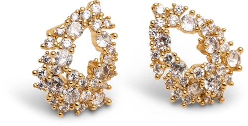 Gold earrings with many small sparkling diamonds, shaped in a loop with an open top.