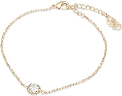 A delicate gold bracelet with a single clear gemstone and a small charm, designed for elegance.
