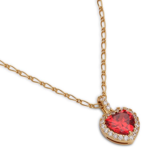 Goldkette mit einem herzförmigen roten Edelsteinanhänger, umgeben von kleinen weißen Steinen.