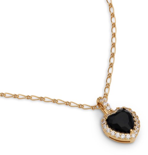 Goldkette mit einem herzförmigen schwarzen Stein und kleinen klaren Steinen herum.