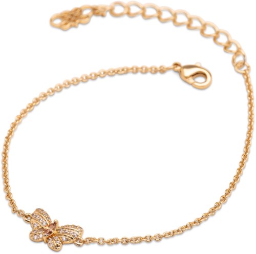 Gouden armband met vlinderhanger en kleine ingelegte stenen, met verstelbare ketting en sluiting.